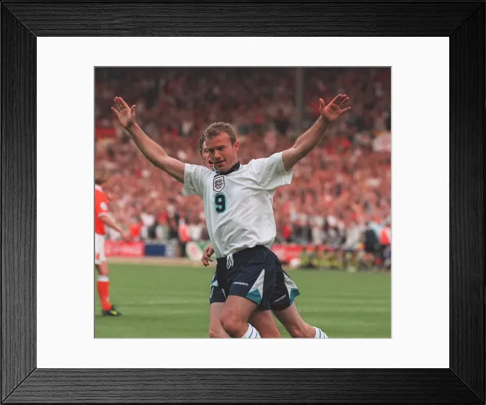 Framed Print : Alan Shearer celebrates Englands first goal against Holland in their euro 96 clash