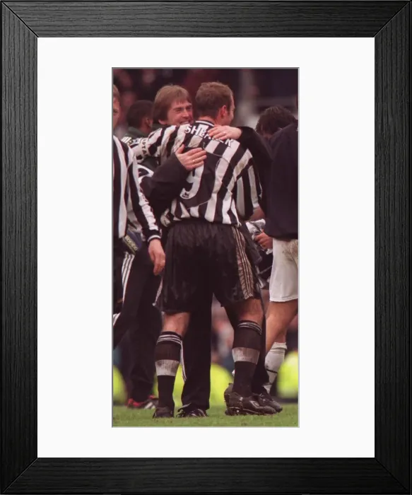 Framed Print : Kenny Dalglish Newcastle manager April 1997 hugging Alan Shearer who had scored Framed Print : Kenny Dalglish Newcastle manager April 1997 hugging Alan Shearer who had scored