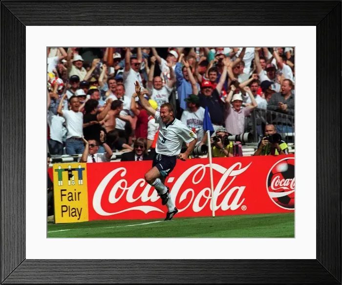 Framed Print : Alan Shearer of England celebrates after scoring against Scotland during the European Framed Print : Alan Shearer of England celebrates after scoring against Scotland during the European