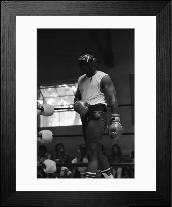 Framed Print : World boxing champion George Foreman trains at the Farigrounds in Pleasanton Framed Print : World boxing champion George Foreman trains at the Farigrounds in Pleasanton