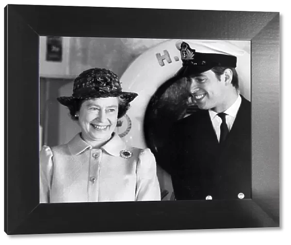 Smiles from Prince Andrew and Queen Elizabeth II, his mother