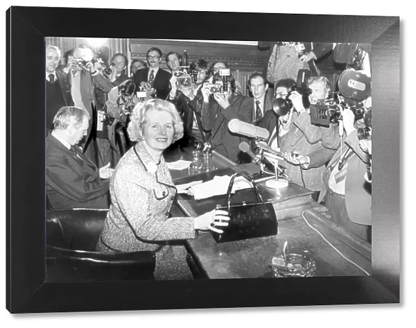 MARGARET THATCHER ADDRESSES THE PRESS WITH HER FAMOUS HANDBAG AFTER BEING ELECTED