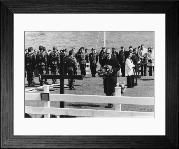 Framed Print : Defence Secretary John Nott placing wreath on memorial in the Falkland Islands cemetery Framed Print : Defence Secretary John Nott placing wreath on memorial in the Falkland Islands cemetery
