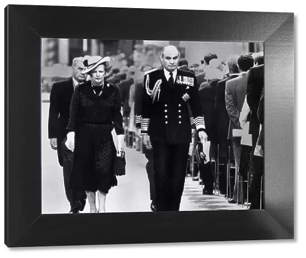 Margaret Thatcher with Admiral Sir Terence Lewin leaving Falklands Islands Service at St