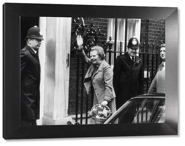 MARGARET THATCHER ARRIVES AT 10 DOWNING STREET AND WAVES TO THE CROWDS ONE DAY AFTER THE