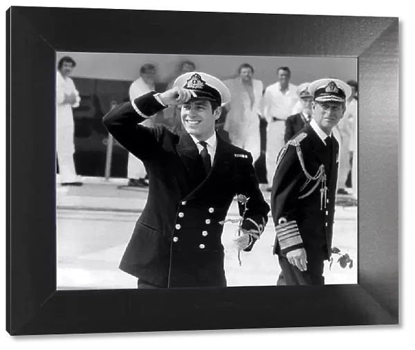 Prince Andrew returns from the Falklands War. Pictured with Prince Philip at Portsmouth