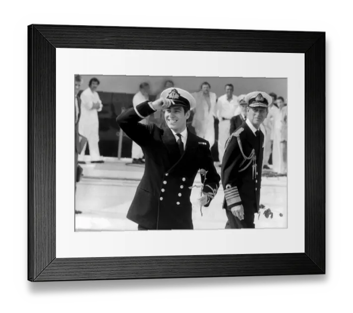 Framed Print : Prince Andrew returns from the Falklands War. Pictured with Prince Philip at Portsmouth