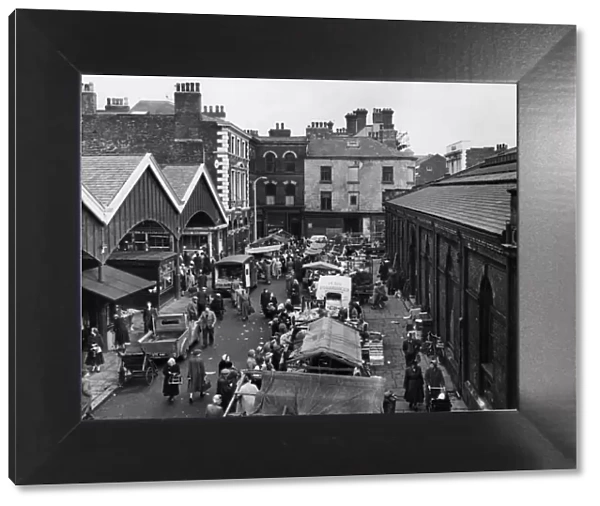 St Helens on market day. St Helens, Merseyside. 25th August 1958
