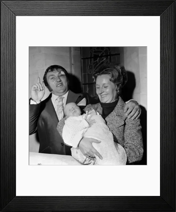 Framed Print : Les Dawson and his wife Margaret at the christening of their baby daughter Pamela Jane