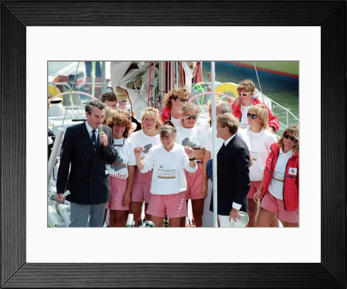 Framed Print : Maiden returns to the UK. 28th May 1990. Skipper Tracy Edwards stands Framed Print : Maiden returns to the UK. 28th May 1990. Skipper Tracy Edwards stands