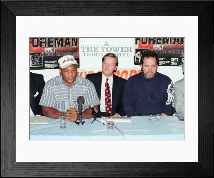 Framed Print : George Foreman at a press conference. 19th September 1990 Framed Print : George Foreman at a press conference. 19th September 1990