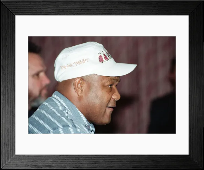 Framed Print : George Foreman at a press conference. 19th September 1990 Framed Print : George Foreman at a press conference. 19th September 1990