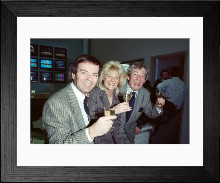 Framed Print : The launch of Sky TV. Tony Blackburn and Derek Jameson. 5th February 1989
