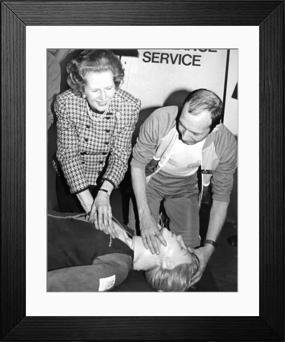 Framed Print : Margaret Thatcher demonstration of artificial resuscitation on a dummy - May 1987