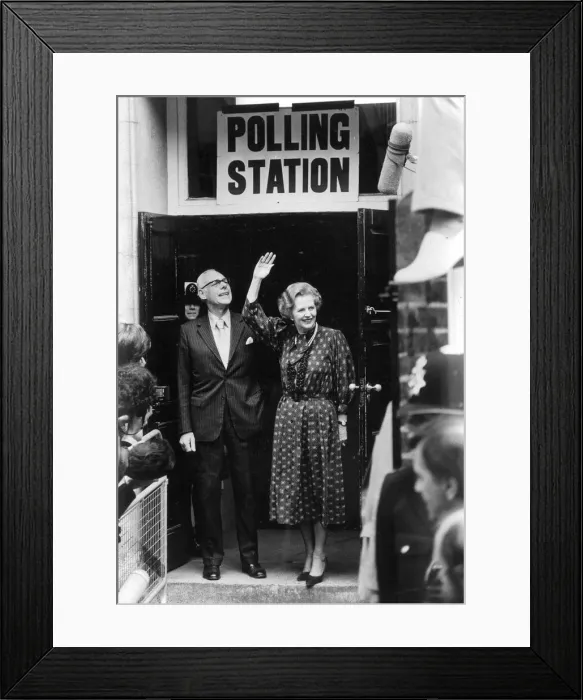Framed Print : Prime Minister Margaret Thatcher and husband Dennis seen here leaving the polling station Framed Print : Prime Minister Margaret Thatcher and husband Dennis seen here leaving the polling station