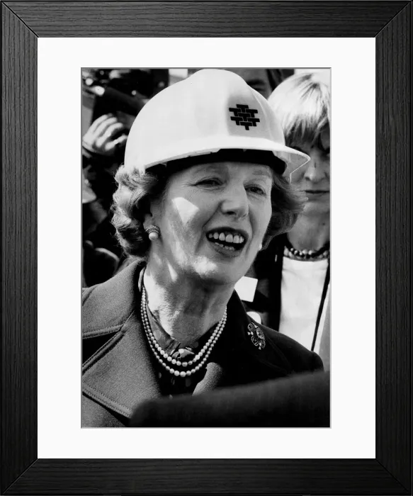 Framed Print : Margaret Thatcher wearing hard hat on visit to London Docklands - April 1984 Framed Print : Margaret Thatcher wearing hard hat on visit to London Docklands - April 1984