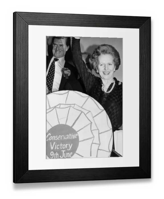 Framed Print : Margaret Thatcher and Cecil Parkinson celebrating Conservative election victory - June Framed Print : Margaret Thatcher and Cecil Parkinson celebrating Conservative election victory - June
