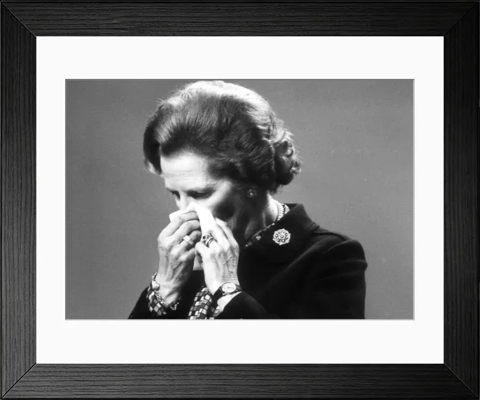 Framed Print : Margaret Thatcher wipes her nose -12th October 1984 Framed Print : Margaret Thatcher wipes her nose -12th October 1984