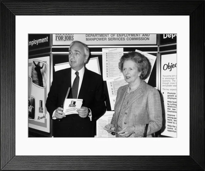 Framed Print : Margaret Thatcher and Lord Young at promotion event - March 1987 Framed Print : Margaret Thatcher and Lord Young at promotion event - March 1987