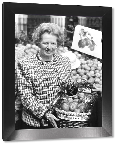 margaret thatcher, prime minister, in downing st promoting british apples