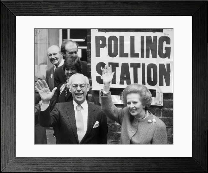 Framed Print : Margaret Thatcher husband Denis outside polling station - June 1987 Framed Print : Margaret Thatcher husband Denis outside polling station - June 1987
