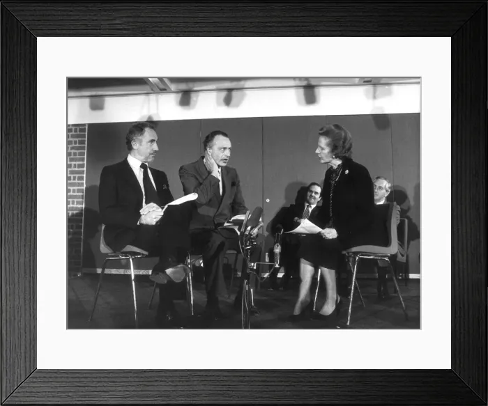 Framed Print : Nigel Hawthorn, Paul Eddington and Margret Thatcher in a sketch from the Television