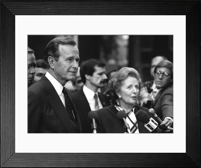 Framed Print : US Vice-President George Bush and British Prime Minister Margaret Thatcher speaking into Framed Print : US Vice-President George Bush and British Prime Minister Margaret Thatcher speaking into