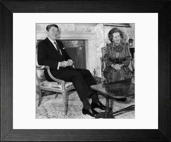 Framed Print : Margaret Thatcher and Ronald Reagan beside fireplace in Downing Street - June 1984
