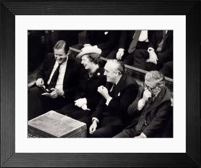Framed Print : Margaret Thatcher with William Whitelaw and Sir Geoffrey Howe laughing on front bench in Framed Print : Margaret Thatcher with William Whitelaw and Sir Geoffrey Howe laughing on front bench in