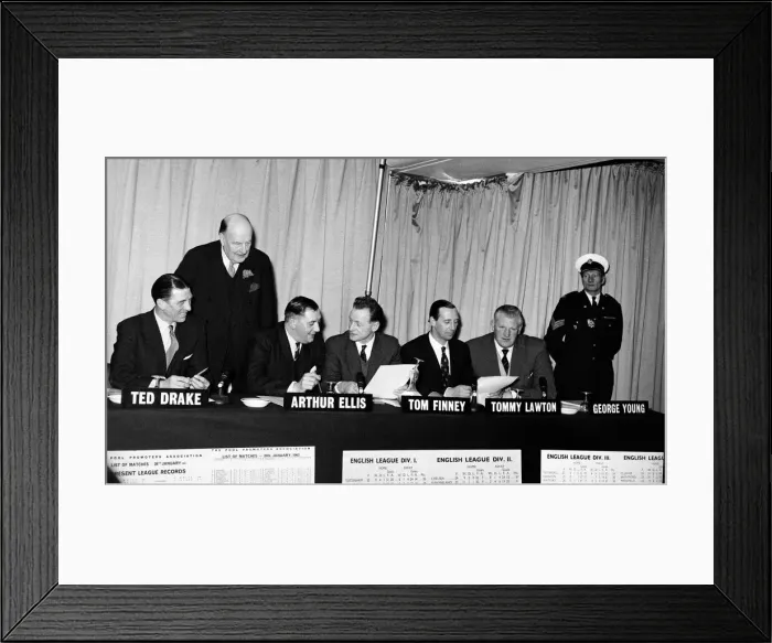 Framed Print : Former footballers Ted Drake, Arthur Ellis, Tom Finney and Tommy Lawton during the first Framed Print : Former footballers Ted Drake, Arthur Ellis, Tom Finney and Tommy Lawton during the first