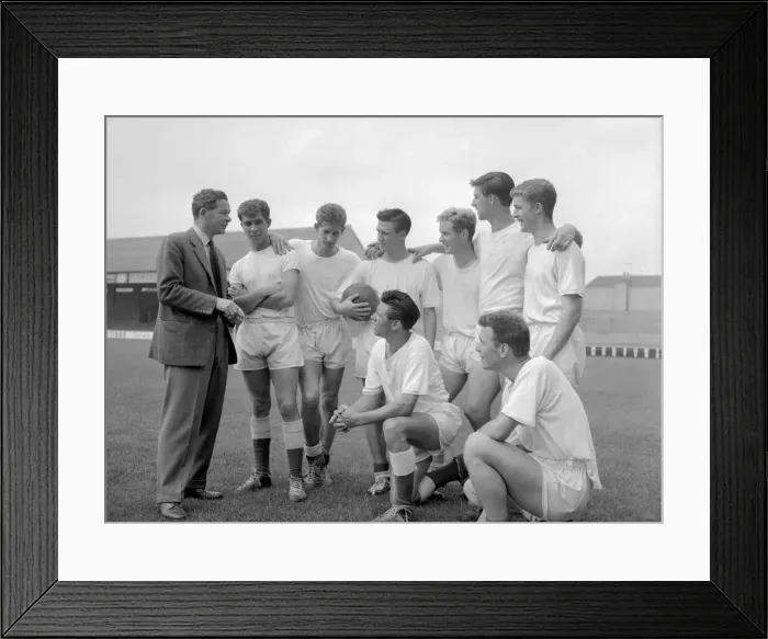 Framed Print : Peterborough team listen to their manager before a training session August 1960 Framed Print : Peterborough team listen to their manager before a training session August 1960