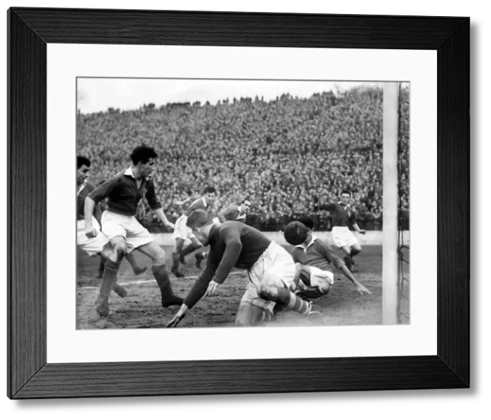 Framed Print : Charlton v. Portsmouth at the valley. Sam Bartram goes down to save but is beaten by