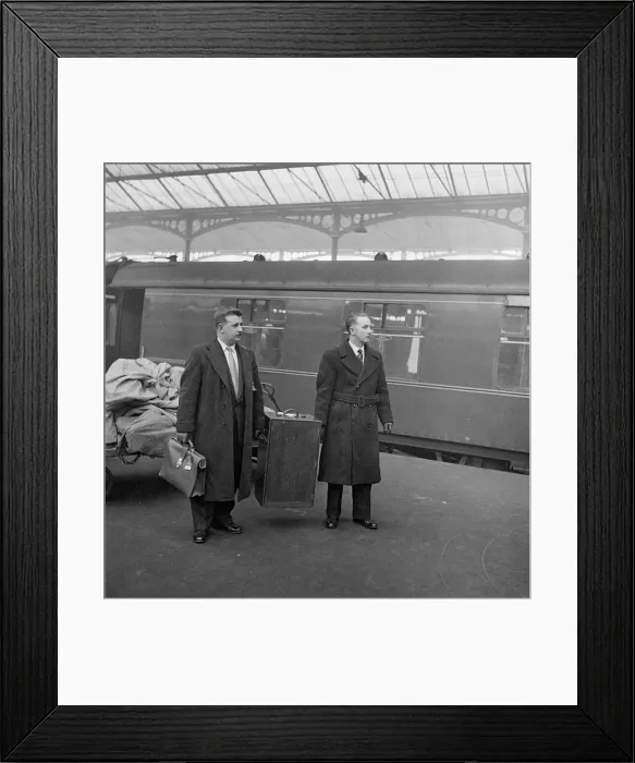 Framed Print : Two officials of the Football Association seen here carrying the FA Cup in its protective Framed Print : Two officials of the Football Association seen here carrying the FA Cup in its protective