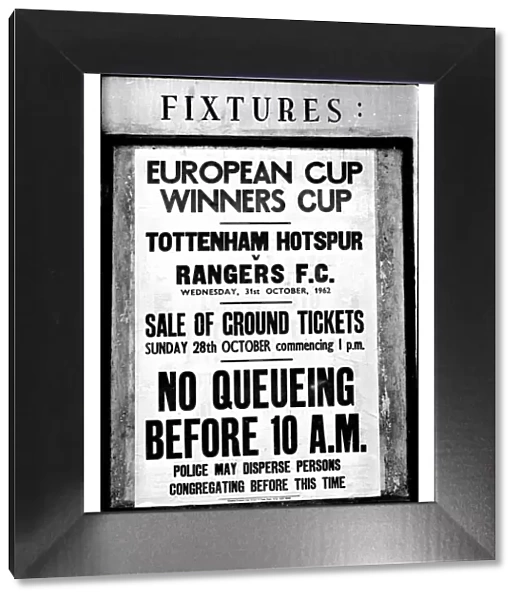 Fixtures notice advertising the sale of tickets for Tottenham Hotspur v Rangers
