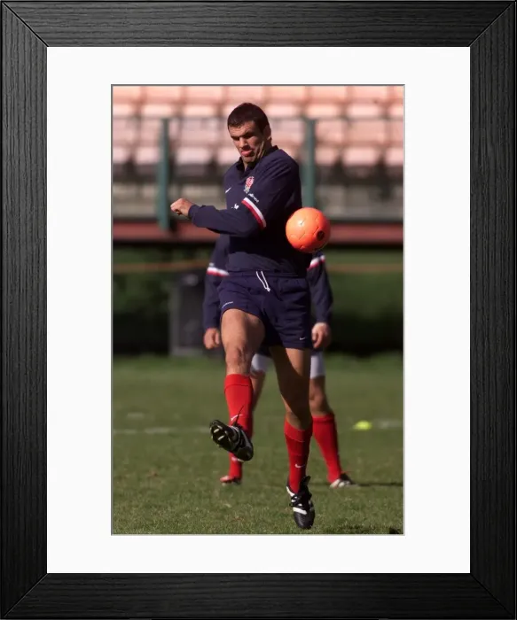 Framed Print : England training captain Martin Johnson Oct 1999 enjoys a game of football before Framed Print : England training captain Martin Johnson Oct 1999 enjoys a game of football before