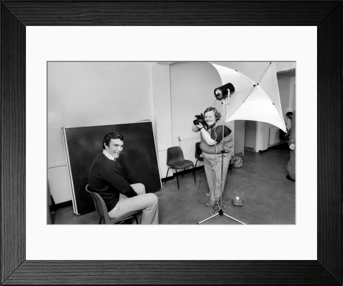 Framed Print : Sport: Football: West Ham Training. Brooking poses for passport pictures for Russia Framed Print : Sport: Football: West Ham Training. Brooking poses for passport pictures for Russia