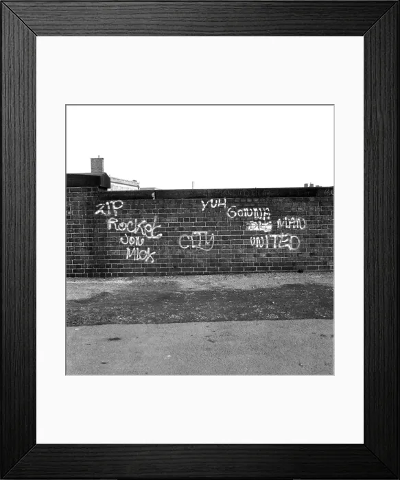 Framed Print : Graffiti covered wall after a football match February 1975 75-01052-006