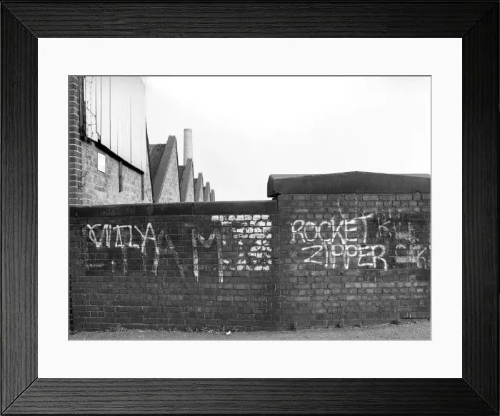 Framed Print : Graffiti covered wall after a football match February 1975 75-01052-011 Framed Print : Graffiti covered wall after a football match February 1975 75-01052-011