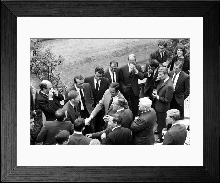 Framed Print : Members of the England World Cup team meet Sean Connery during a visit to Pinewood film Framed Print : Members of the England World Cup team meet Sean Connery during a visit to Pinewood film