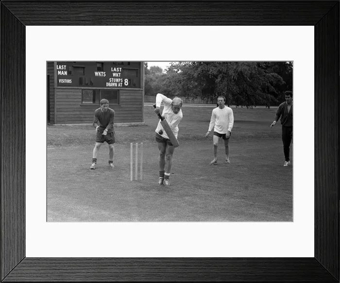 Framed Print : England World Cup players Bobby Charlton, Alan Ball and Nobby Stiles playing cricket July Framed Print : England World Cup players Bobby Charlton, Alan Ball and Nobby Stiles playing cricket July
