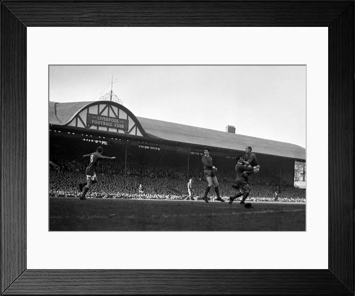 Framed Print : Bobby Charlton of Manchester United crashes in to Liverpool player Tommy Smith after Framed Print : Bobby Charlton of Manchester United crashes in to Liverpool player Tommy Smith after