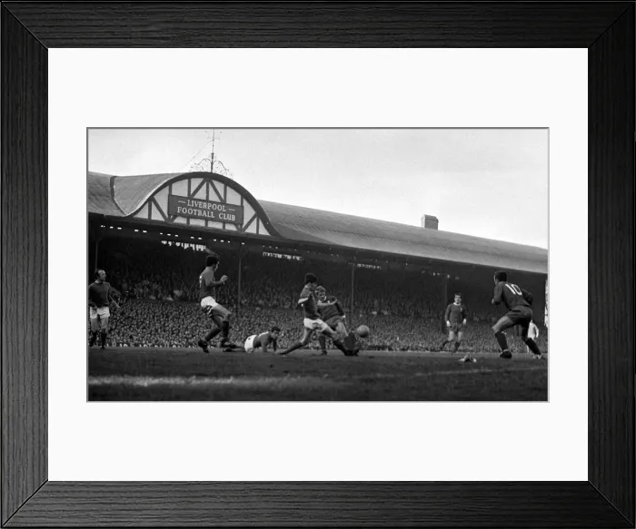 Framed Print : Liverpool forward Ron Yeats challenged for the ball by Manchester United defenders during Framed Print : Liverpool forward Ron Yeats challenged for the ball by Manchester United defenders during