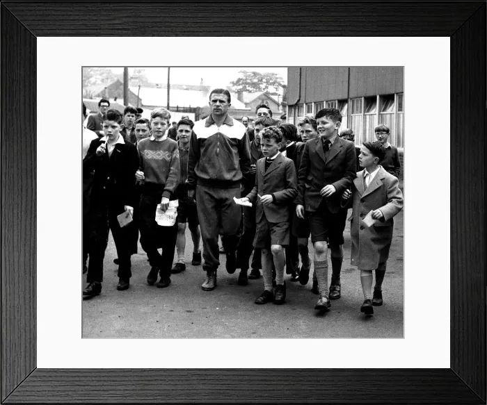 Framed Print : Former Real Madrid player Ferenc Puskas surrounded by Kilmarnock schoolchildren asking Framed Print : Former Real Madrid player Ferenc Puskas surrounded by Kilmarnock schoolchildren asking
