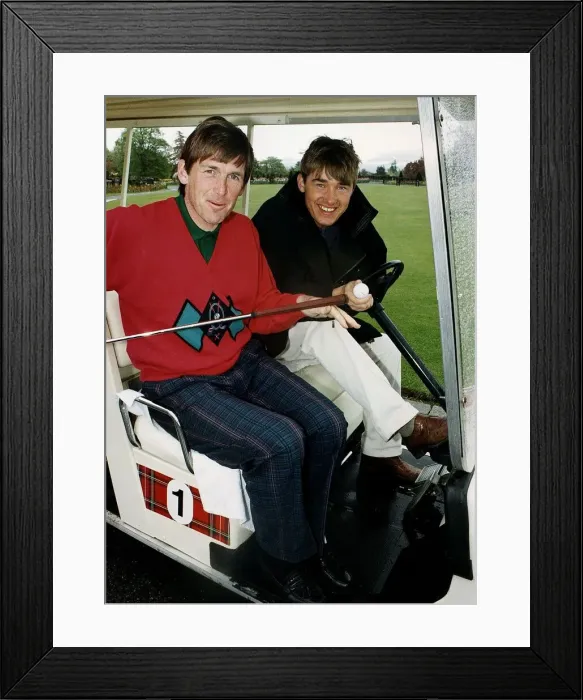 Framed Print : Kenny Dalglish and Stephen Hendry at golf course in golf cart holding club
