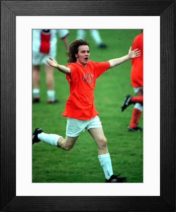 Framed Print : Ewan McGregor celebrates his goal at Stars game for Calton Athletic