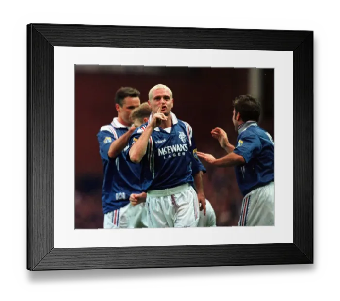 Framed Print : Paul Gascoigne of Rangers Football Club holds his finger up to his mouth during Framed Print : Paul Gascoigne of Rangers Football Club holds his finger up to his mouth during