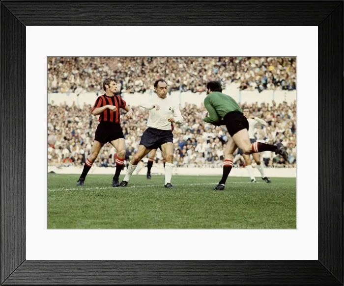 Framed Print : City Keeper Joe Corrigan heaads off Alan Gilzean of Spurs  /  Tottenham Hotspur footbal