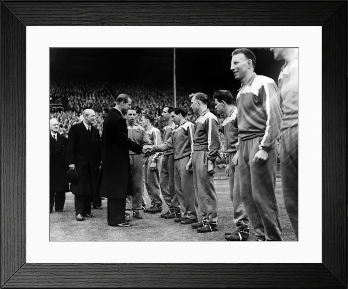 Framed Print : Prince Philip Duke of Edinburgh shaking hands with Manchester City Team at the start of