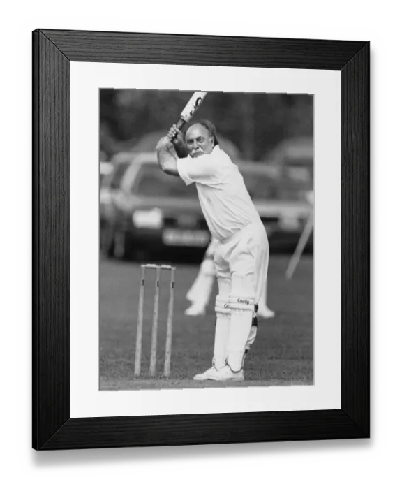 Framed Print : Jimmy Greaves Playing cricket for the Norma Major Cricket XI. 12th July 1991