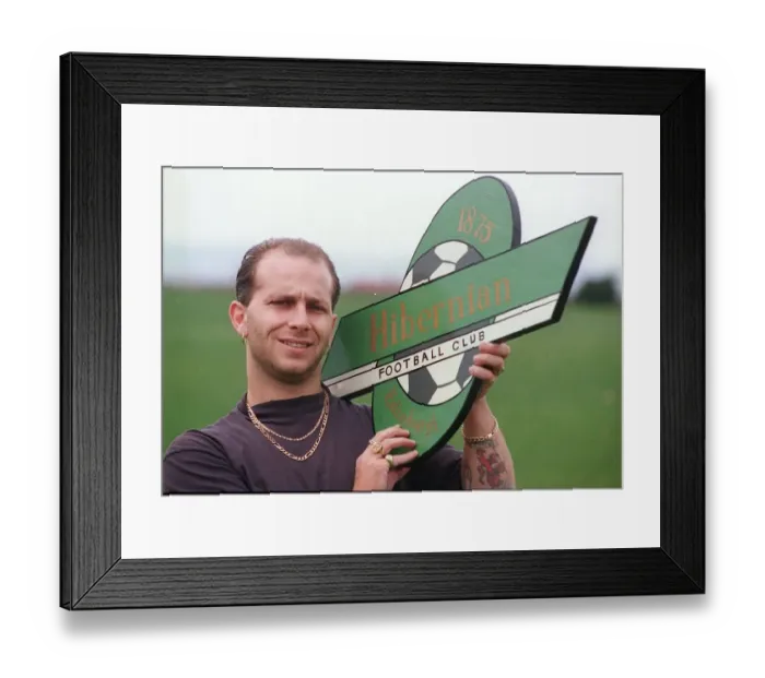 Framed Print : Hibs casual fan Andy Blance from Fife October 1993 holding Hibernian sign member of Framed Print : Hibs casual fan Andy Blance from Fife October 1993 holding Hibernian sign member of